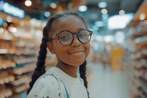 AI Generated Little black girl in optical store trying on new glasses, blurred background photo