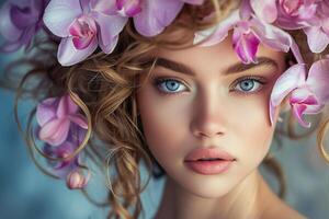 AI Generated Young woman adorned with vibrant orchid flower crown photo