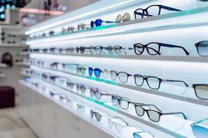 AI Generated Display of eyeglasses. Wide variety of glasses arranged on display shelves inside retail store photo