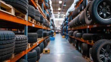 AI Generated Stacked New Tires arranged in rows in Automotive Warehouse, close up photo