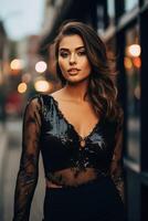 AI Generated Glamorous woman in black sequin top and elegant makeup on urban street at dusk photo