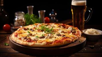AI generated Pizza and Beer on Wooden Table photo