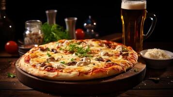 ai generado Pizza y cerveza en de madera mesa foto