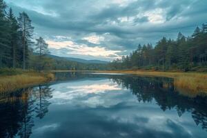 AI generated Serene Lake with Cloudy Skies photo