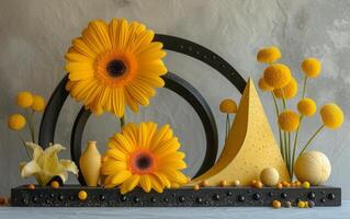 AI generated Colorful still life arrangement featuring yellow gerbera blossoms and abstract geometric figures. photo