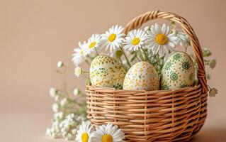 AI generated Easter Basket Flanked by Daisy Flowers photo