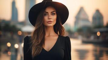 AI generated Elegant Woman Overlooking Cityscape Wearing Stylish Attire photo