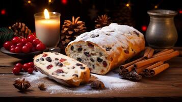 AI generated Christmas Stollen Bread with Festive Decorations photo