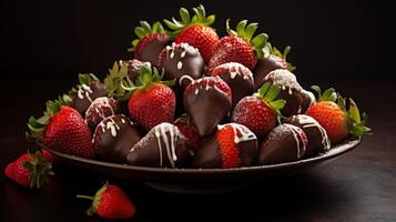 ai generado delicioso chocolate cubierto fresas en plato foto