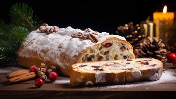 AI generated Christmas Stollen Bread with Festive Decorations photo