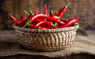 AI generated An old fashioned basket packed with vivid red chilies photo