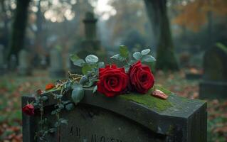 AI generated A melancholic vision of scarlet roses lying on a weather beaten tomb photo