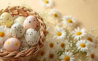 ai generado Pascua de Resurrección cesta rodeado por margarita floraciones foto