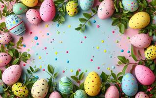 AI generated Blue Background Surrounded by Easter Egg Frame photo