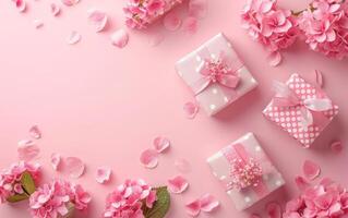 An aerial perspective showcasing gifts wrapped in style, accented with pink hydrangea flowers and scattered petals photo