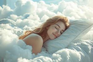 ai generado mujer dormir entre mullido blanco nubes foto