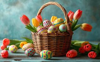 AI generated A Basket Adorned with Tulips and Hidden Easter Eggs photo