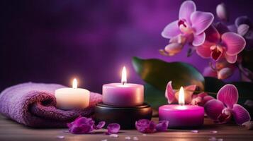 ai generado relajante spa ambiente con velas y flores foto