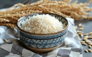 AI generated A Full Ceramic Bowl of Raw White Rice Spilling Over photo