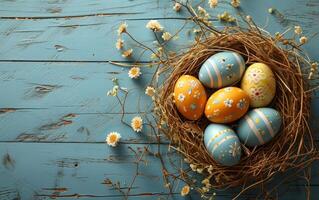 AI generated Easter eggs tucked in straw atop a blue wood surface photo