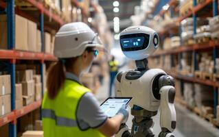 AI generated Humanoid Robot Helps Worker in Warehouse Operations photo