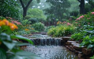 ai generado lluvia en lozano jardín foto