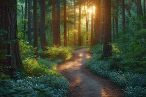 ai generado iluminado por el sol bosque ruta foto