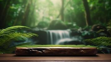 AI generated Wooden Podium With Forest Waterfall Background photo