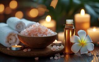 un calmante spa escena con himalaya sal, aromático esencial aceites, frangipani pétalos, y suave luz de una vela foto