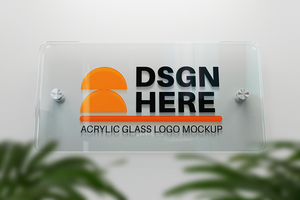 rounded horizontal rectangle acrylic glass logo plate realistic editable mockup mounted on wall interior psd