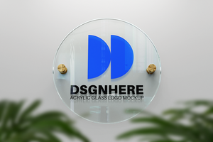 round circular acrylic glass nameplate logo realistic editable mockup mounted on wall interior psd