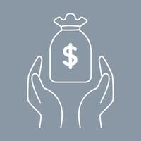 Hands up with money bag icon with dollar symbol. Simple vector illustration