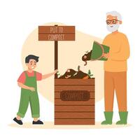 Grandfather and kid throw leftovers to compost bin. People sorting organic garbage. Vector illustrations in flat style