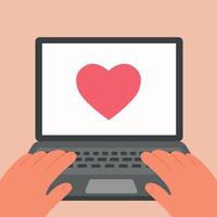 Hands typing on the laptop keyboard with pink heart on screen. Working online. Using digital laptop. Vector flat illustration.