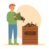 Man make compost.  Compost bin with pile of zero waste concept. People sorting organic garbage. Vector illustrations in flat style