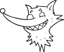 hand drawn black and white cartoon grinning wolf face png