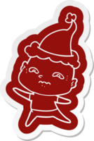 quirky cartoon  sticker of a nervous man wearing santa hat png