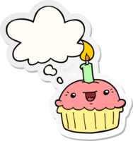 cartone animato Cupcake con candela con pensato bolla come un' stampato etichetta png