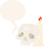 cartoon spooky skull and candle with speech bubble in retro style png