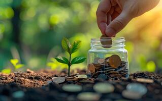 ai generado mano plantando moneda, árbol joven creciente en vaso tarro foto