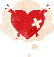 cartoon heart squirting blood with thought bubble in grunge distressed retro textured style png