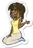 retro distressed sticker of a cartoon pretty girl waving png