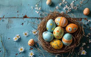 ai generado Pascua de Resurrección huevos anidado en Paja en azul madera foto