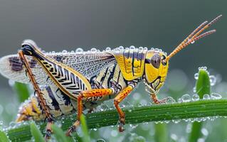 AI generated A macro photography shot capturing the vividly patterned grasshopper photo