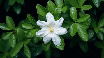 ai generado blanco tiaré flor con gotas de lluvia en pétalos foto