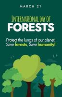 International Forest Day, 21 March Forest day celebration banner, post with earth globe and different types of green trees on it. Forests and Innovation, importance of all types of forests vector