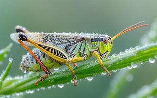 ai generado un macro lente capturar de un brillantemente estampado saltamontes foto