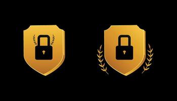 Lock symbols. Two different Pad locks icon, symbol design with a golden shield behind them on plain black background. Safety locks design icon, logo, stamp, card design. vector