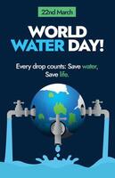 World water day. March 22, World Water Day celebration banner in dark blue background with earth globe and three taps on it. Saving water, leakage concept. Leveraging Water for Peace story poster idea vector