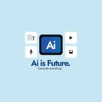 AI is future, generate everything. AI content generation concept. Artificial intelligence generative tools concept with icons of chatbots, image creation, music production, video making. vector